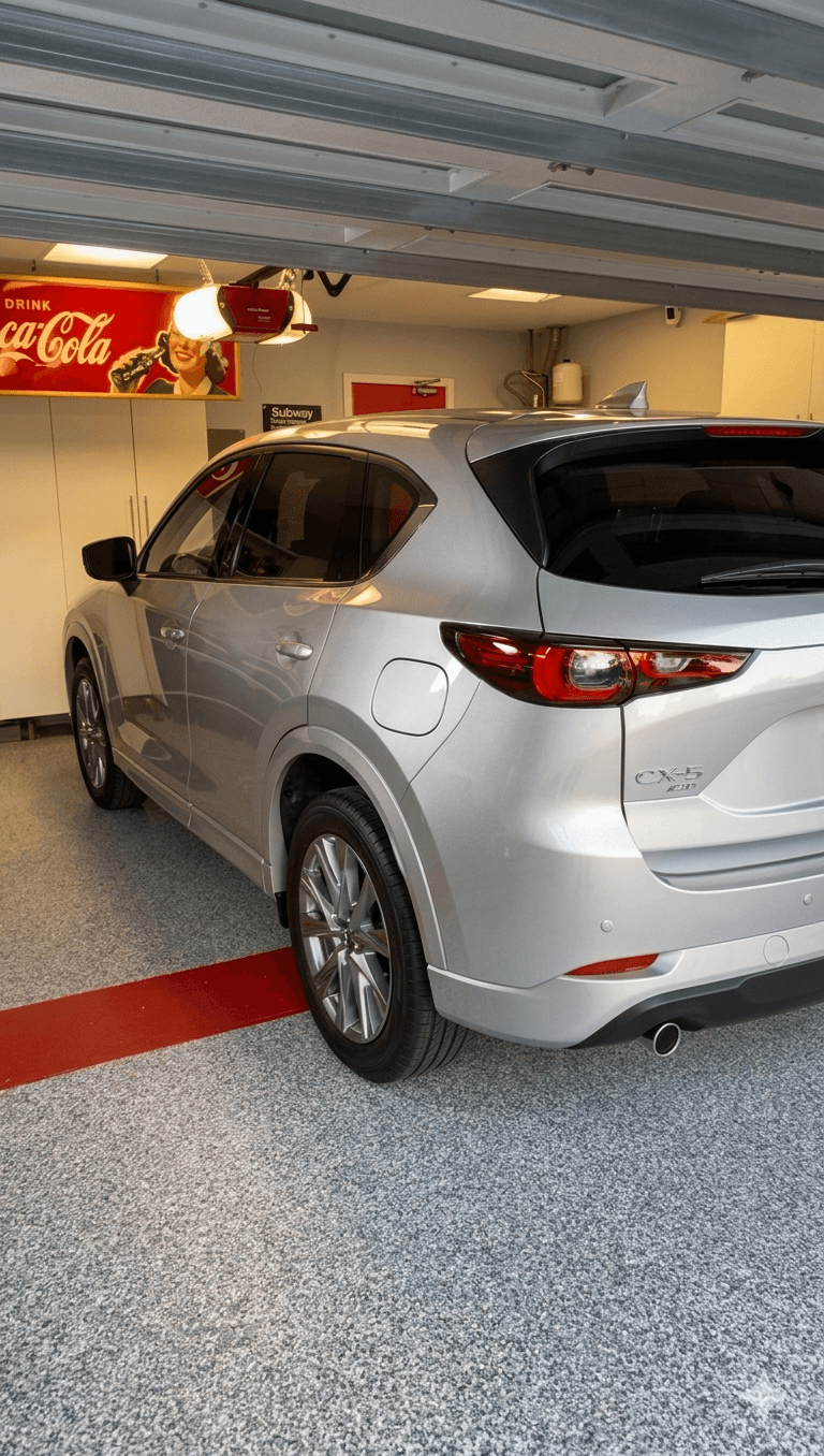 Silver Mazda CX-5 SUV on a speckled epoxy garage floor with deep, clear reflections