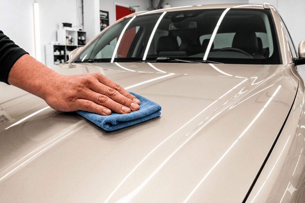Hand applying premium carnauba wax to dark automotive paint